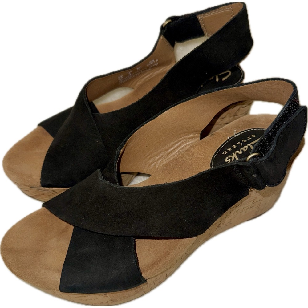 Clarks Artisan Caslynn Shae Cross Black Suede Platform Cork Wedge Sandal 5M Shoe
